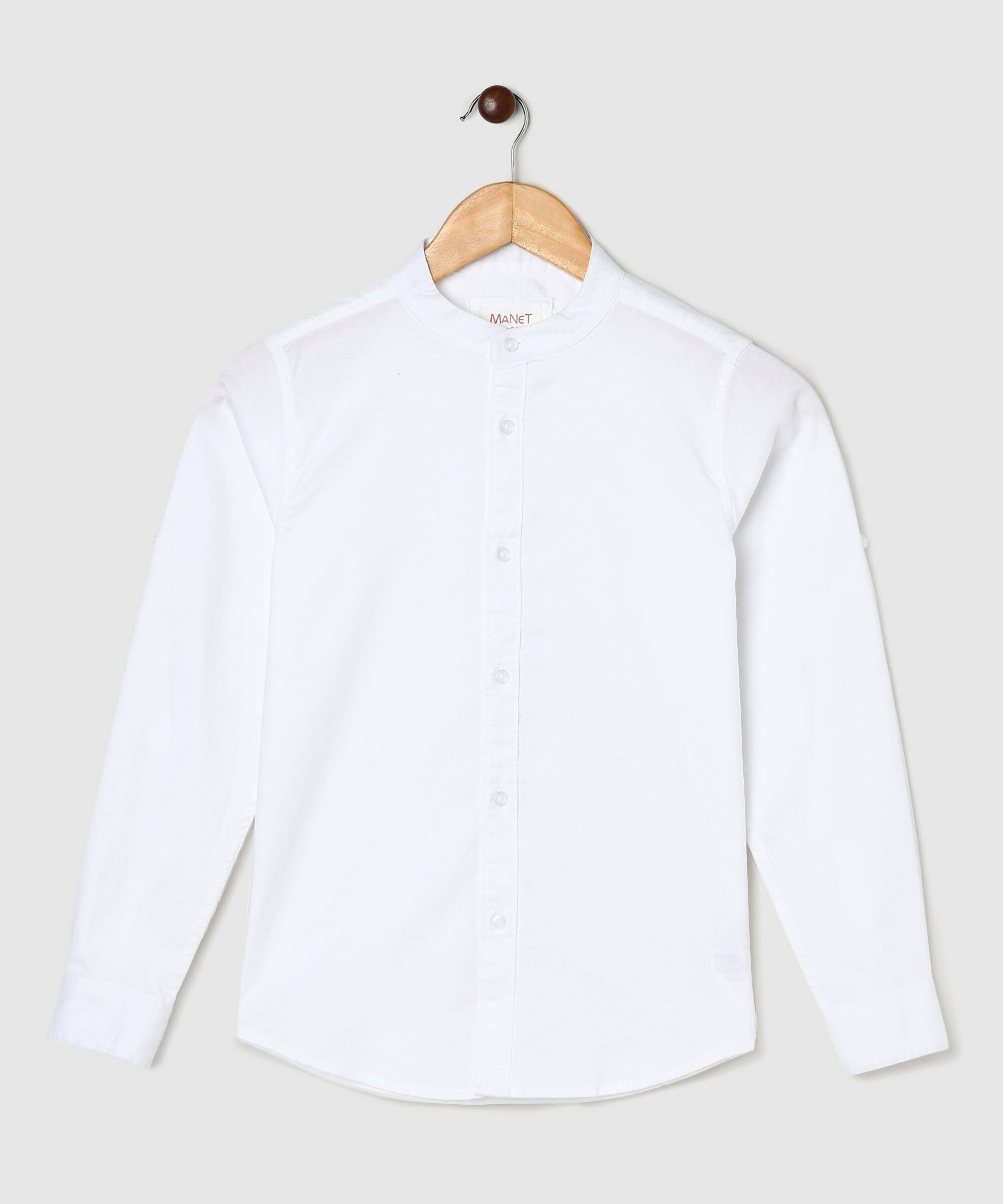 Manet Boys Mandarin Collar Full Sleeves Melange Shirt - White - Distacart