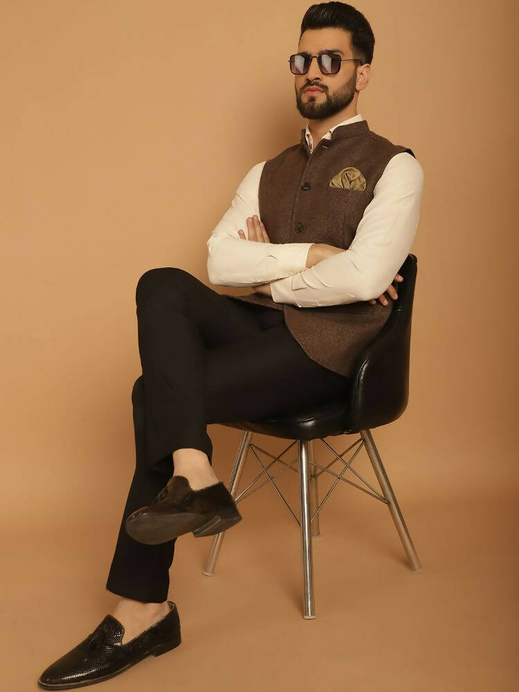 Even Apparels Pure Wool Nehru Jacket - Brown - Distacart