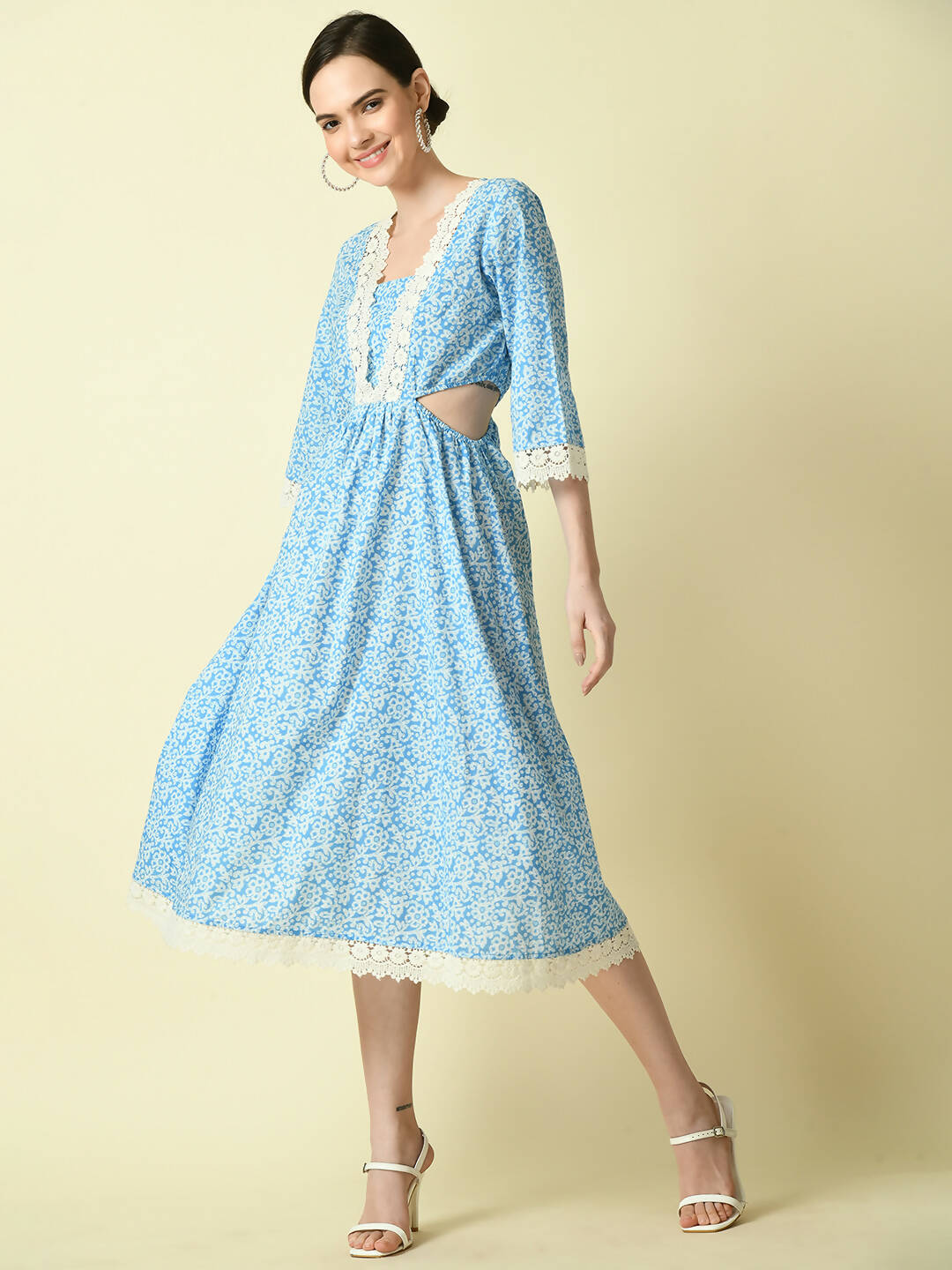 Myshka Women's Blue Floral Printed Fit and Flare Dress - Distacart