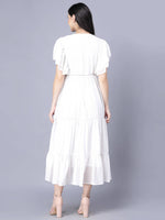 Thumbnail for Myshka Georgette Solid Short Sleeve V Neck White Women Dress - Distacart
