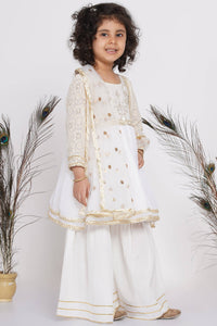 Thumbnail for Little Bansi Cotton Floral Embroidery Frock Kurta with Sharara & Dupatta - White - Distacart
