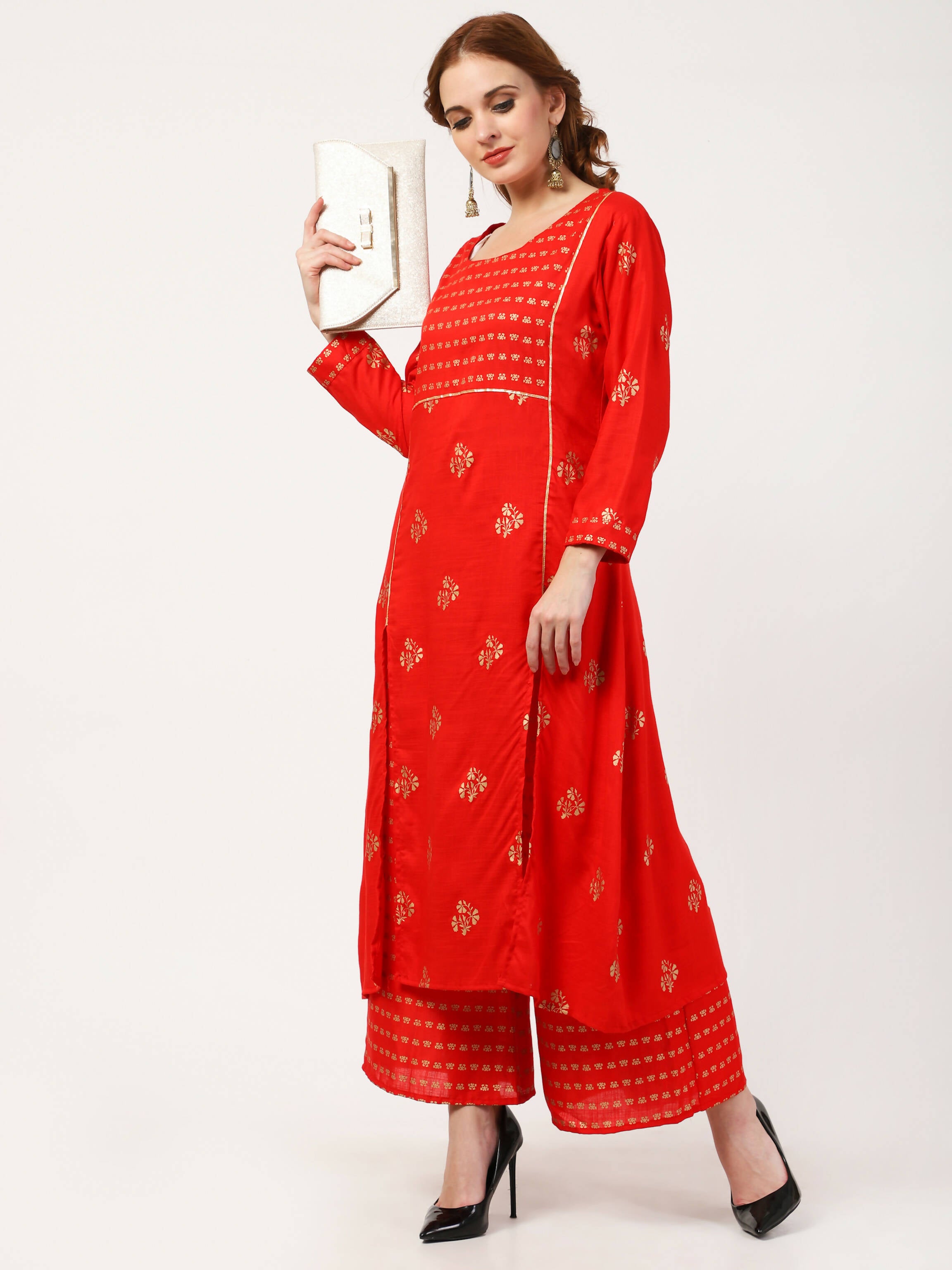 Cheera Embellished Daily Wear Cotton Blend Kurta With Palazoo - Red - Distacart