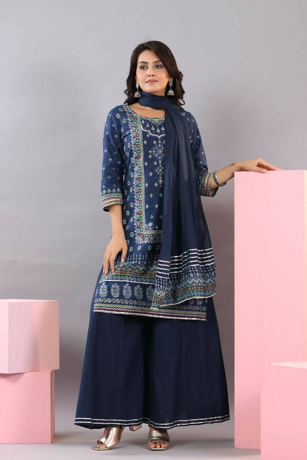 Juniper Women Indigo Cotton Cambric Printed Kurta, Palazzo and Dupatta Set - Distacart