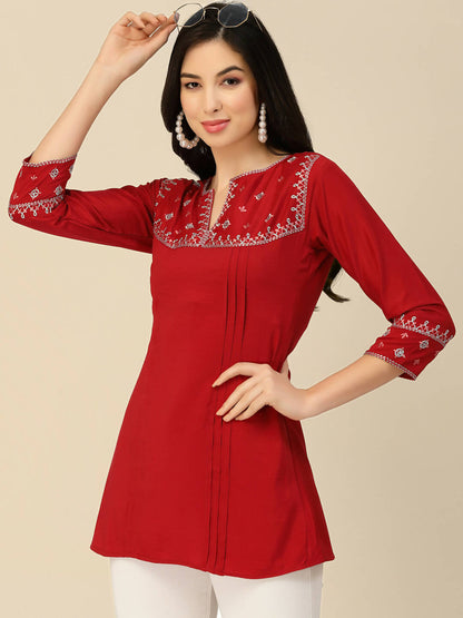 Red Chinon Floral Embroidered Top - Zeny - Distacart