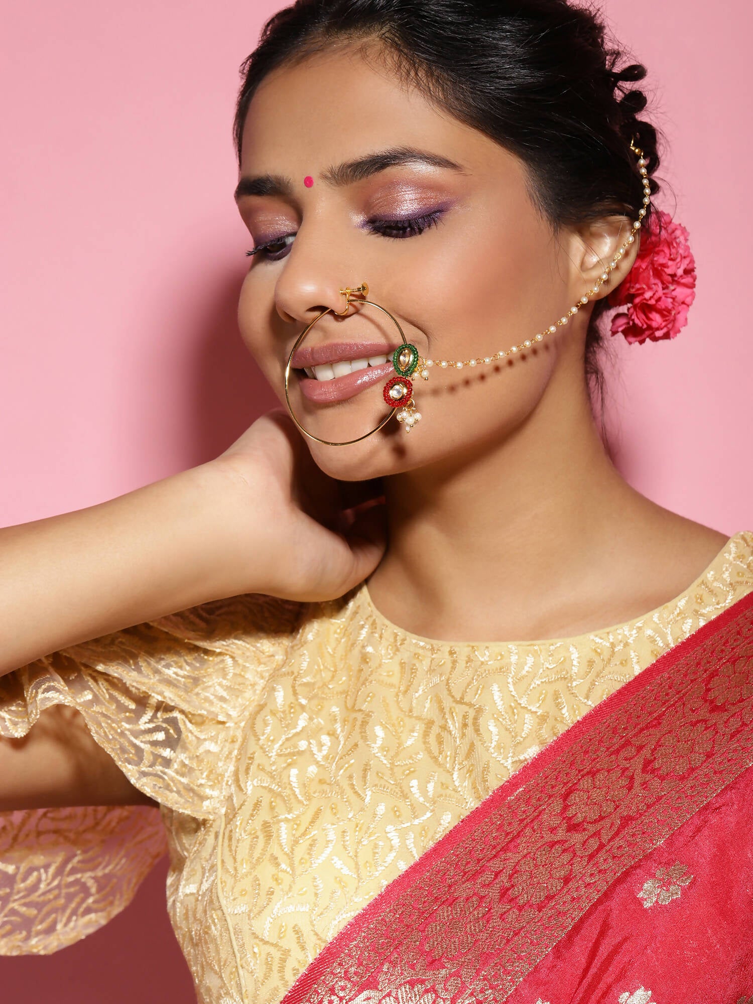 Gold-Plated White Red Stone-Studded Pearl Beaded Nosepin - Ruby Raang - Distacart