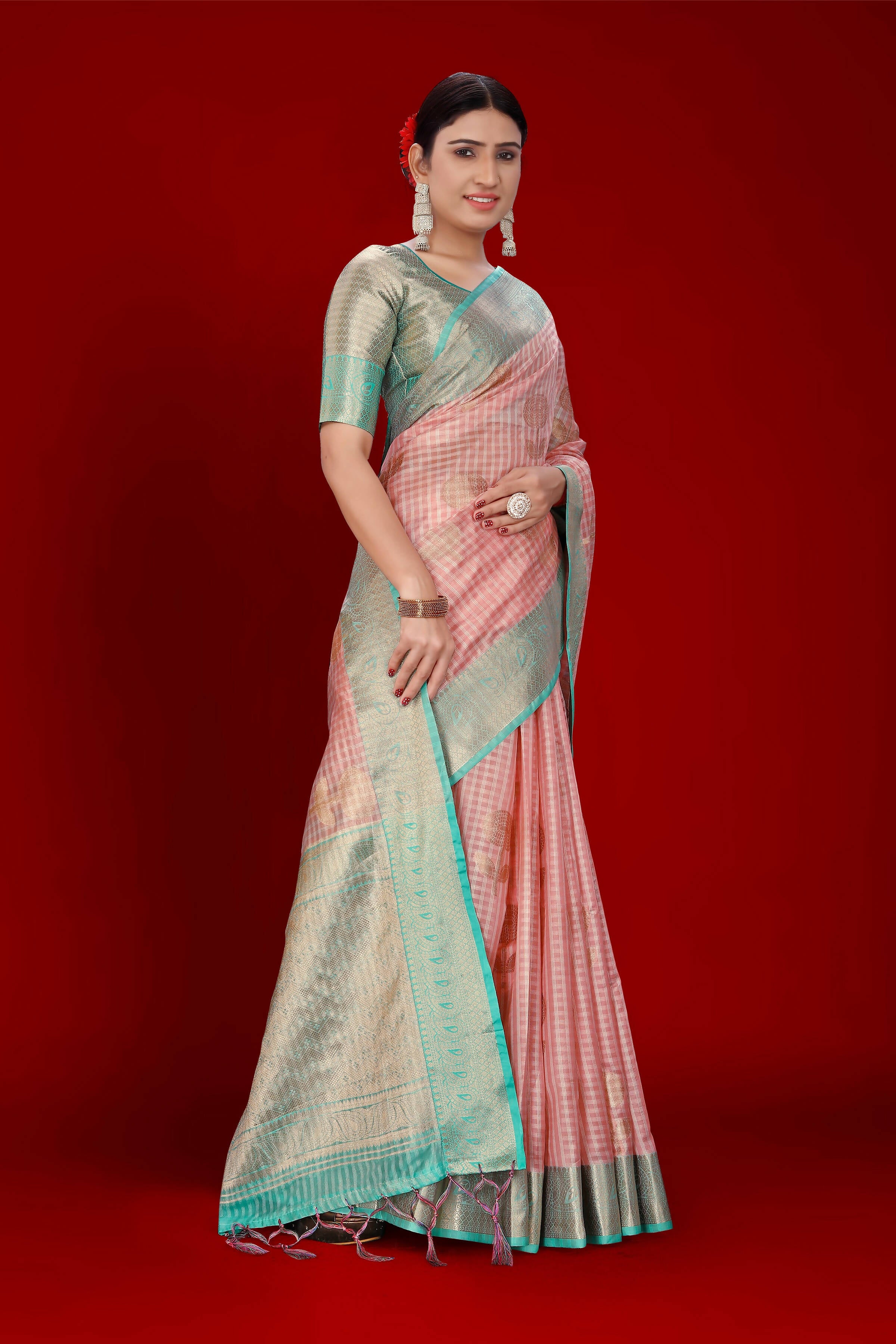 Pink Soft Organza Woven Design Saree With Unstitched Blouse Piece - Zaara - Distacart