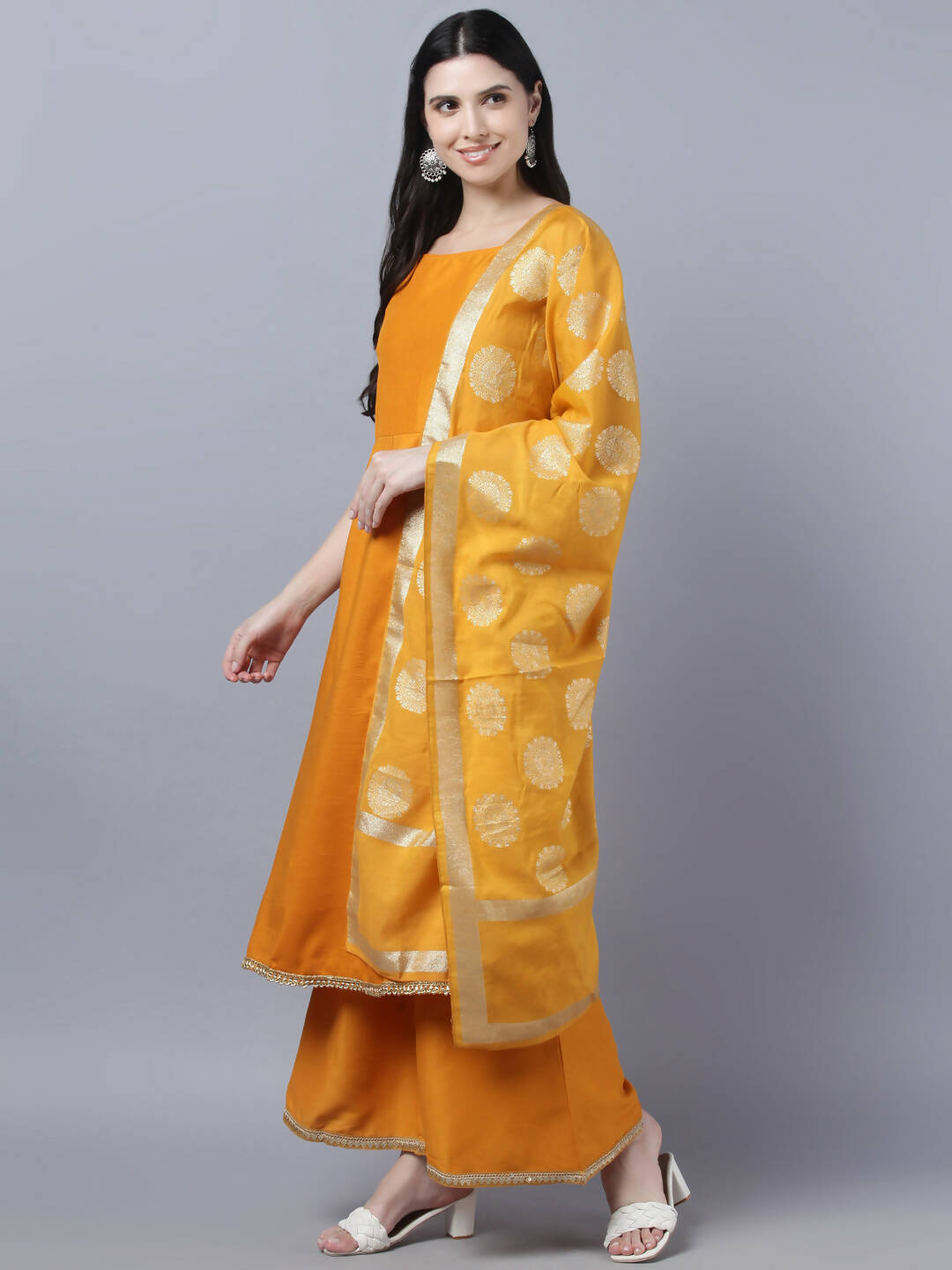 Myshka Women Yellow Panelled Kurta with Palazzos With Dupatta - Distacart