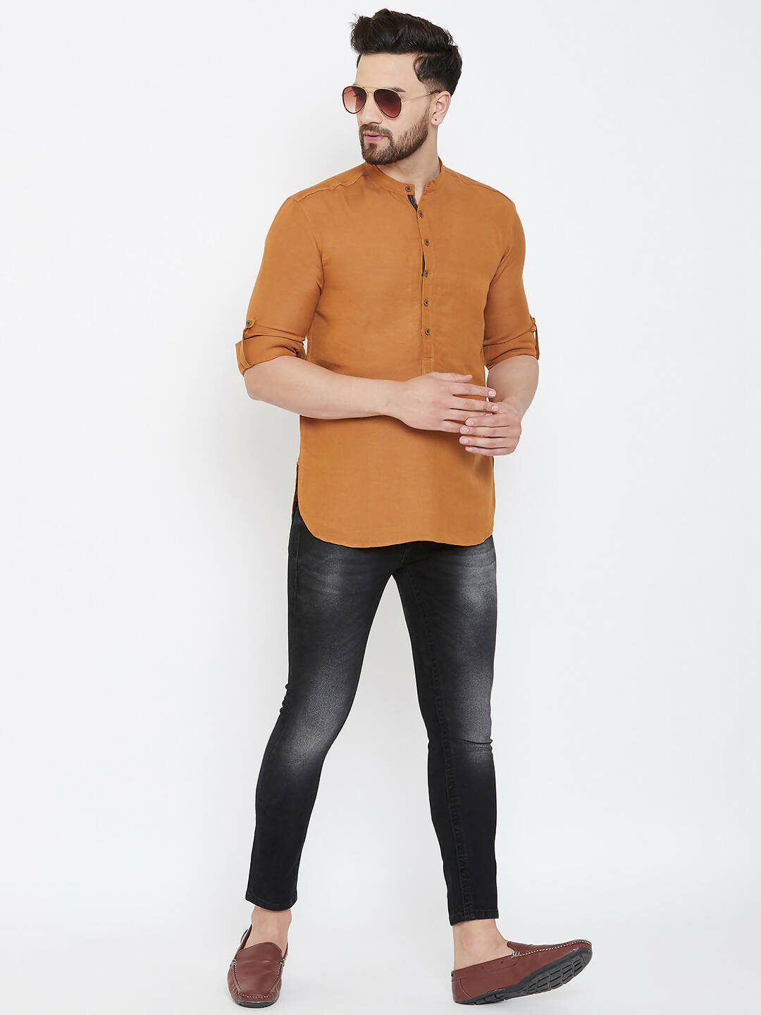 Even Apparels Brown Linen Men's Kurta With Band Collar - Distacart