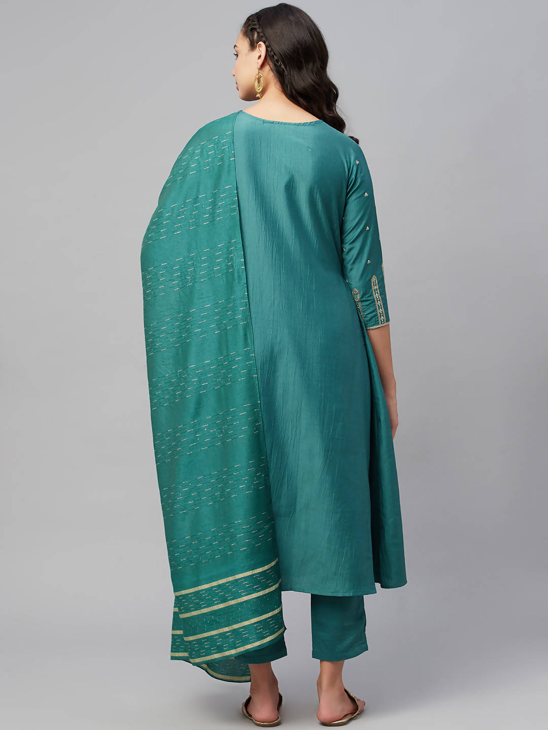 Myshka Dark Green Embroidered 3/4 Sleeve Round Neck Kurta Pant Dupatta Set - Distacart