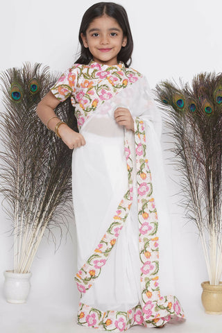Little Bansi Floral Print Ready To Wear Saree And Floral Blouse - White - Distacart