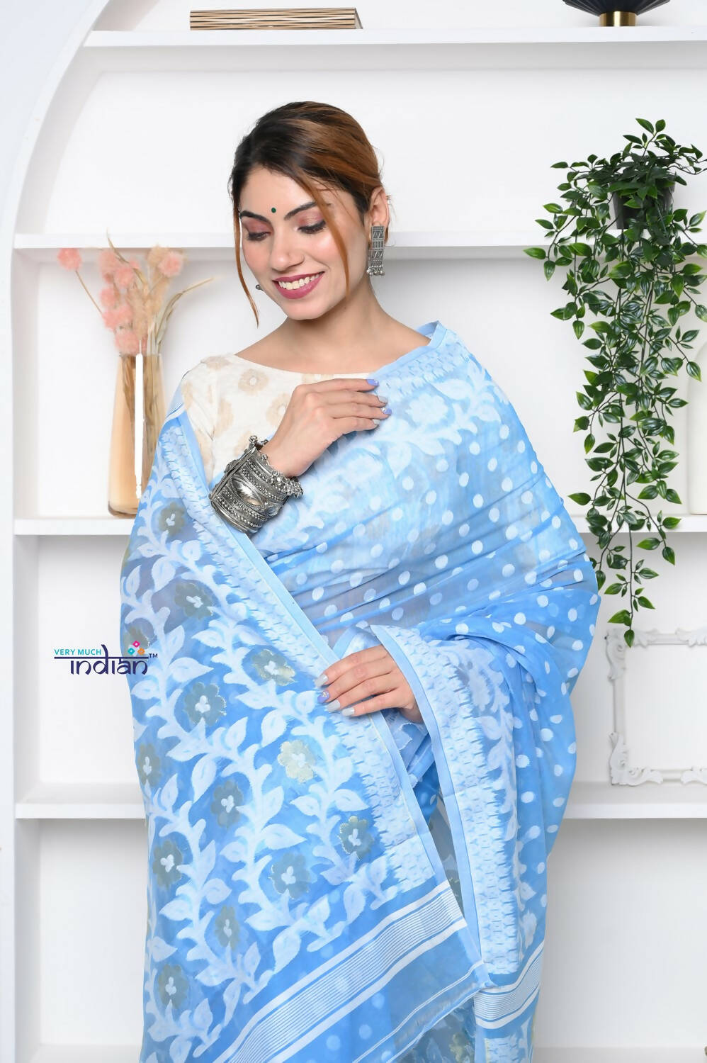 Very Much Indian Jamdhani Cotton Saree - Powder Blue - Distacart