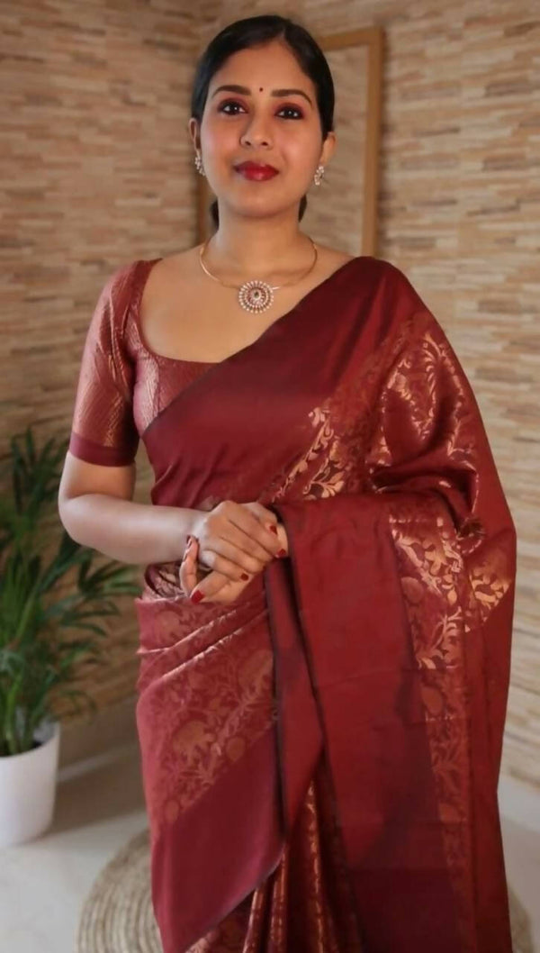DEIANA'S Beautiful Golden Jari with New Design Soft Lichi Silk Saree - Brown - Distacart