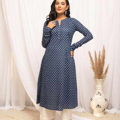 FIORRA Women's Floral Printed Navy Blue Cotton A-Line Kurta - Distacart