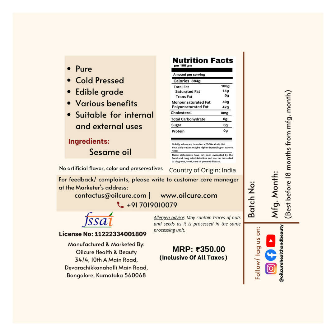 Oilcure Virgin Sesame Oil - Distacart