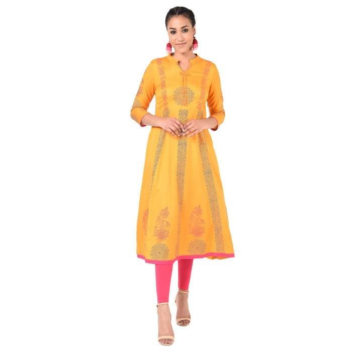 Aniyah Rayon Floral Print Anarkali Kurta In Mustard (AN-164K)