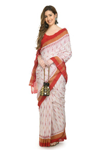 Thumbnail for Vamika Sambalpuri Ikat Cotton Dehabandha Badafula White & Light Red Saree - Distacart