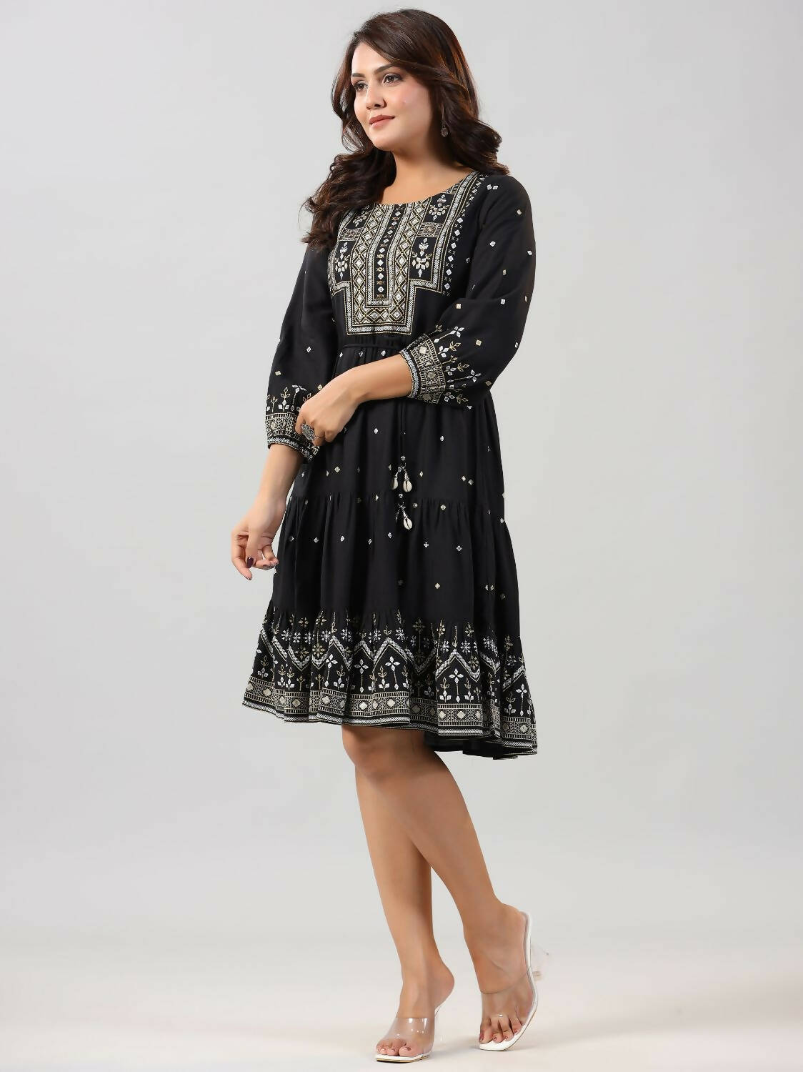 Juniper Women Black Rayon Printed Short Tiered Dress - Distacart