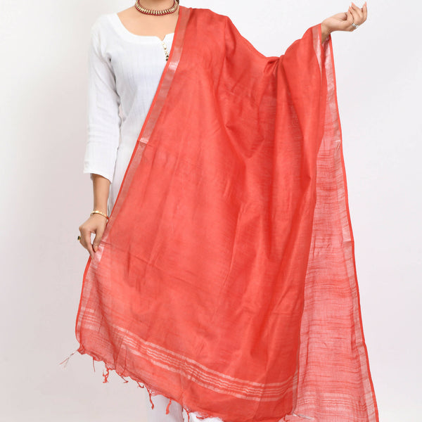 Mominos Fashion Moeza Women's Linen Cotton Silver Border Red Dupatta - Distacart