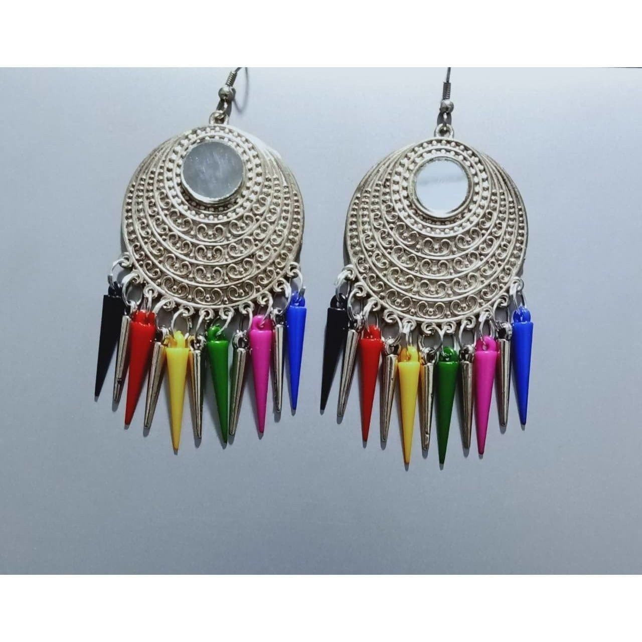 Multicolor Long Drops Small Mirror Design Tassel Hook Earrings
