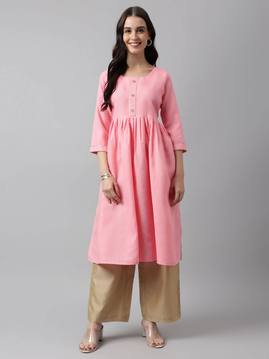 Pink Poly Cotton Solid Nayra Cut Kurta - Tirtha - Distacart