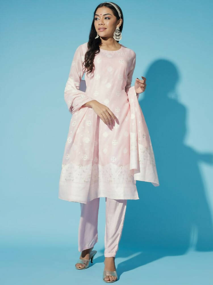 Myshka Women Pink Embroidered Kurta & Trousers With Dupatta - Distacart