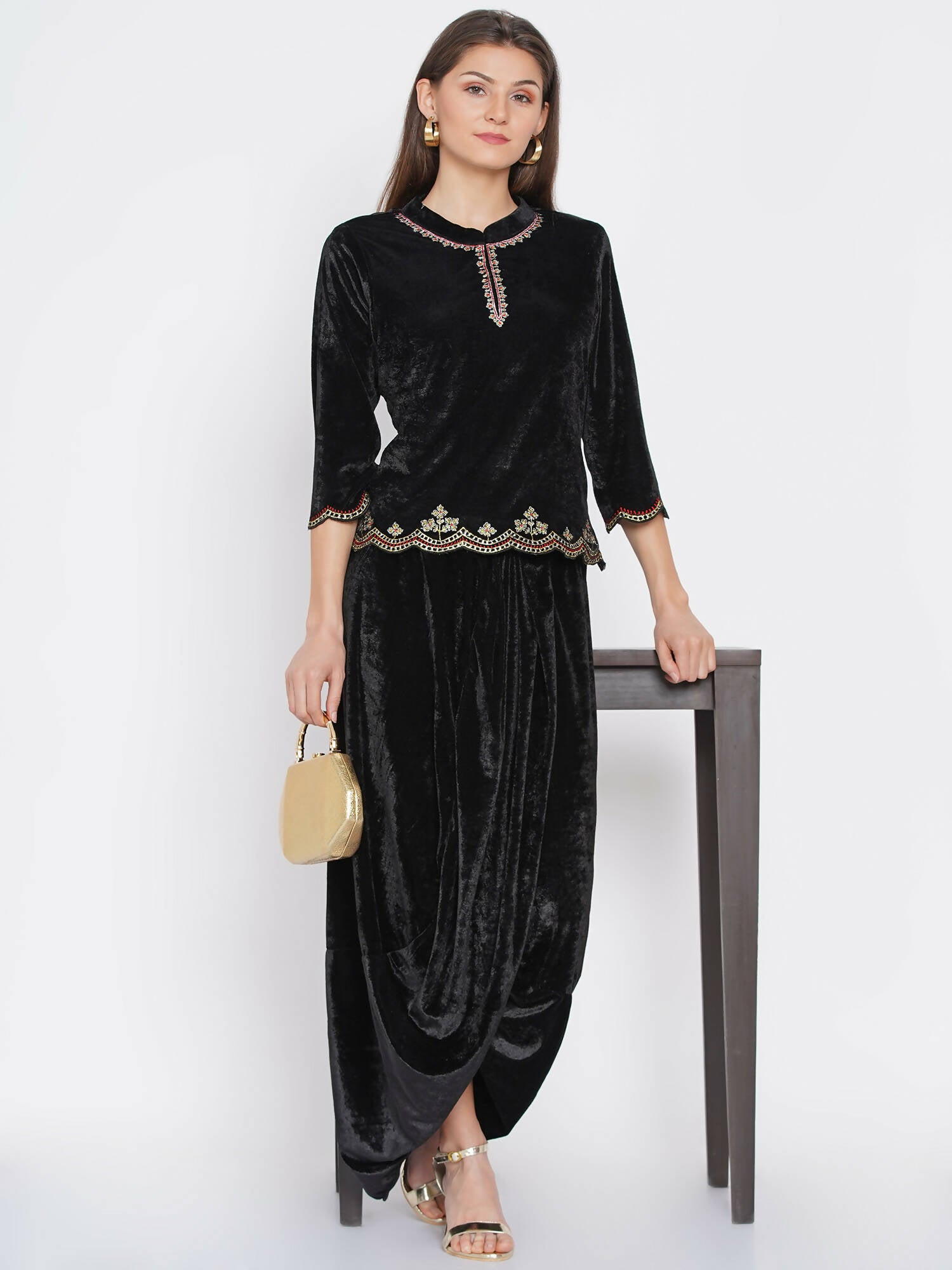 Women Republic Black Velvet Embroiderd Koti With Dhoti Pants - Distacart