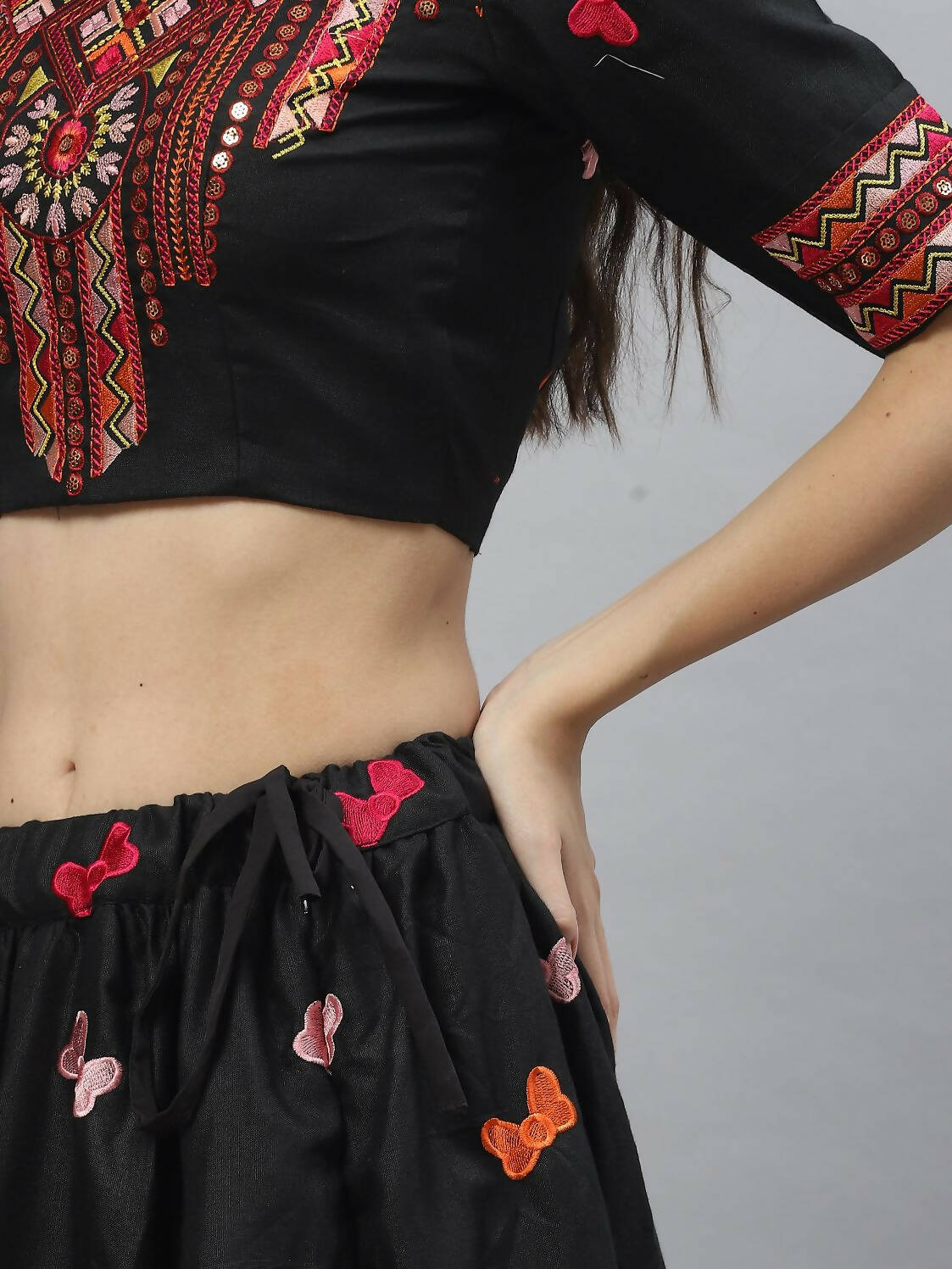 Black Cotton Embroidered Work Lehenga Choli with Dupatta - Jivika - Distacart