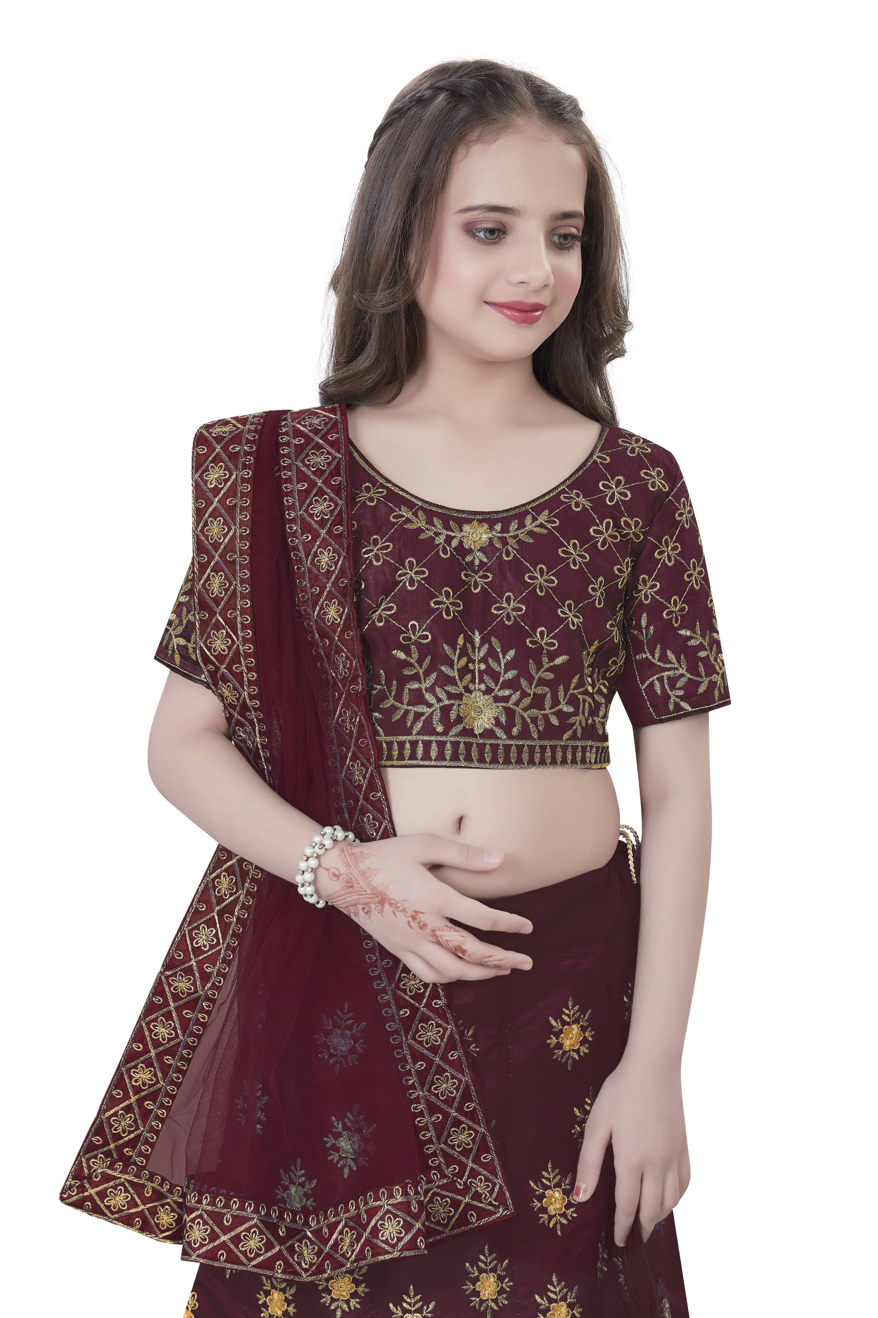 Dwiden Maroon Lehriyu Tafetta Sattin Semi-Stitched Girl's Lehenga Choli - Distacart