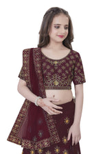 Thumbnail for Dwiden Maroon Lehriyu Tafetta Sattin Semi-Stitched Girl's Lehenga Choli - Distacart