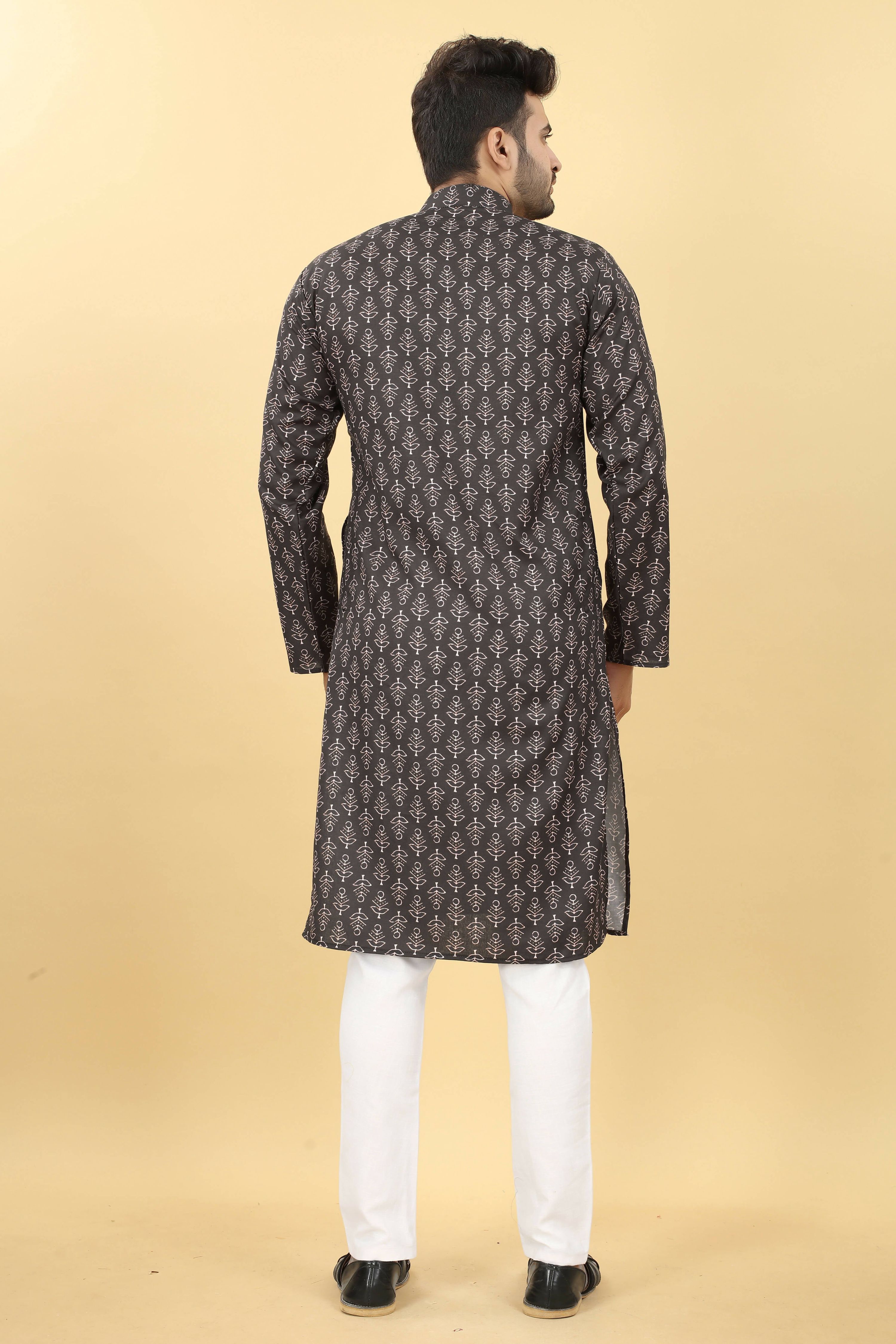 Black Cotton Printed Men's Kurta - Mahotsav - Distacart