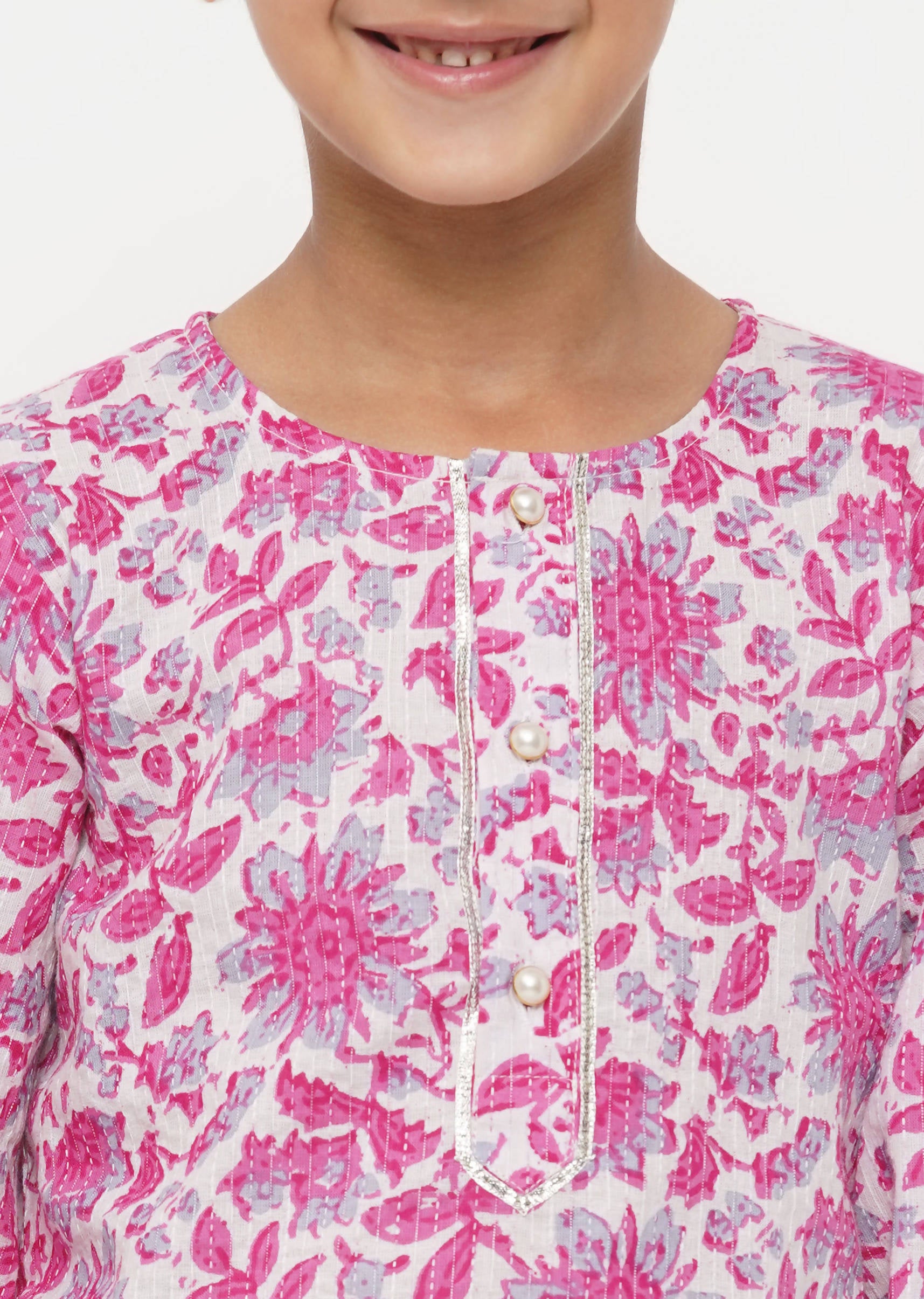 Little Bansi Cotton Floral Kurta with Pearl Buttons & Pyjama in Pink & Cream - Distacart