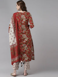 Thumbnail for Yufta Women Maroon Floral Printed Regular Thread Work Pure Cotton Kurta with Palazzo & With Dupatta