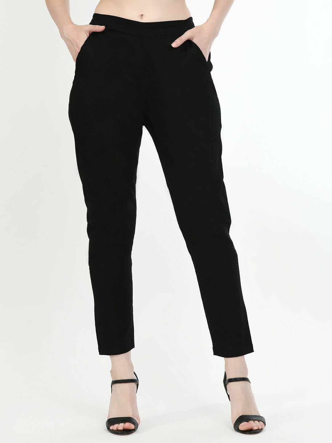 Women's Black Front Waist Band, Back Elasticated, With Pockets Pant - G & A Apparels - Distacart