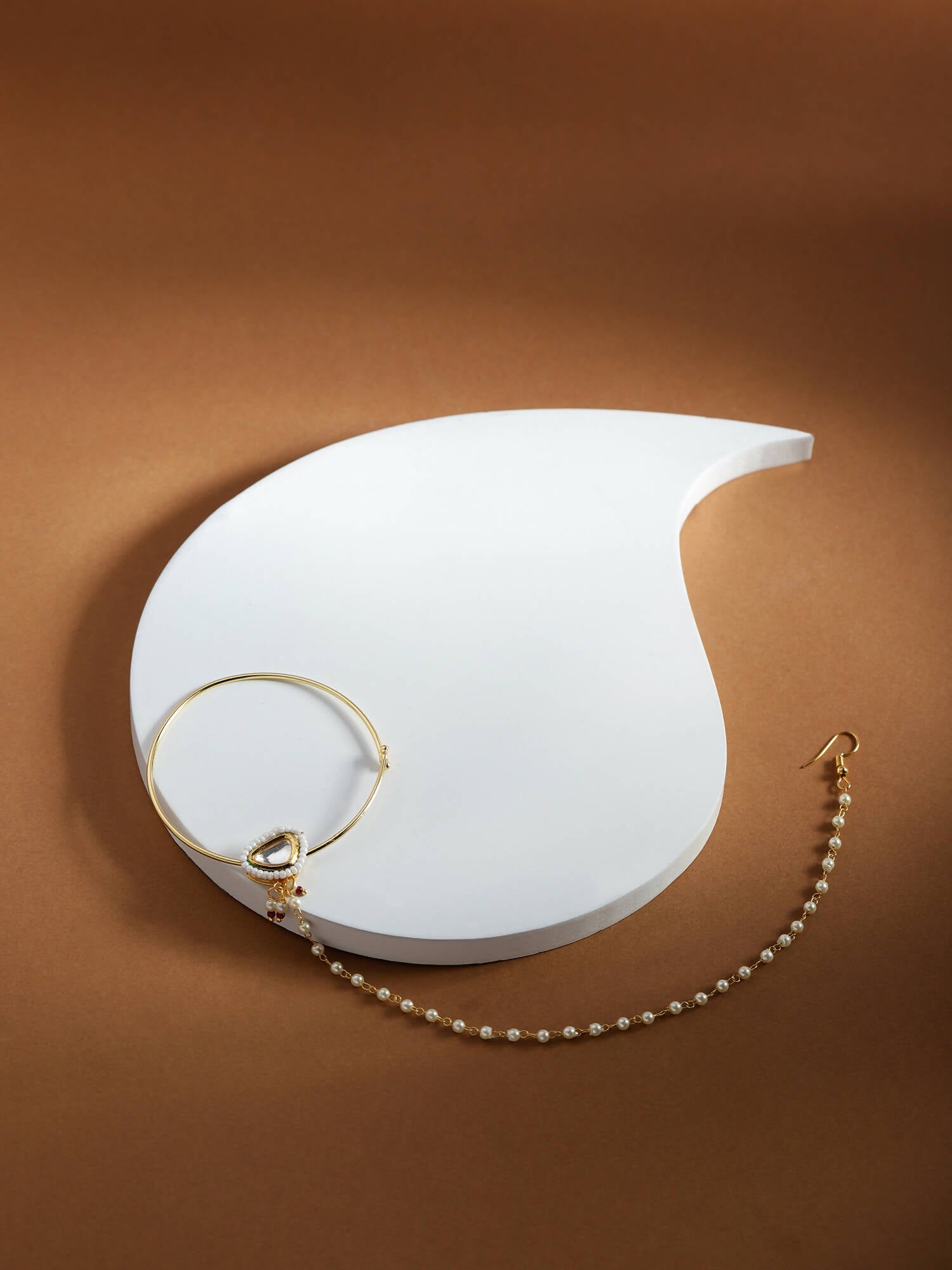 Gold Plated White Kundan Studded Nose Pin With Beaded Extension - Ruby Raang - Distacart