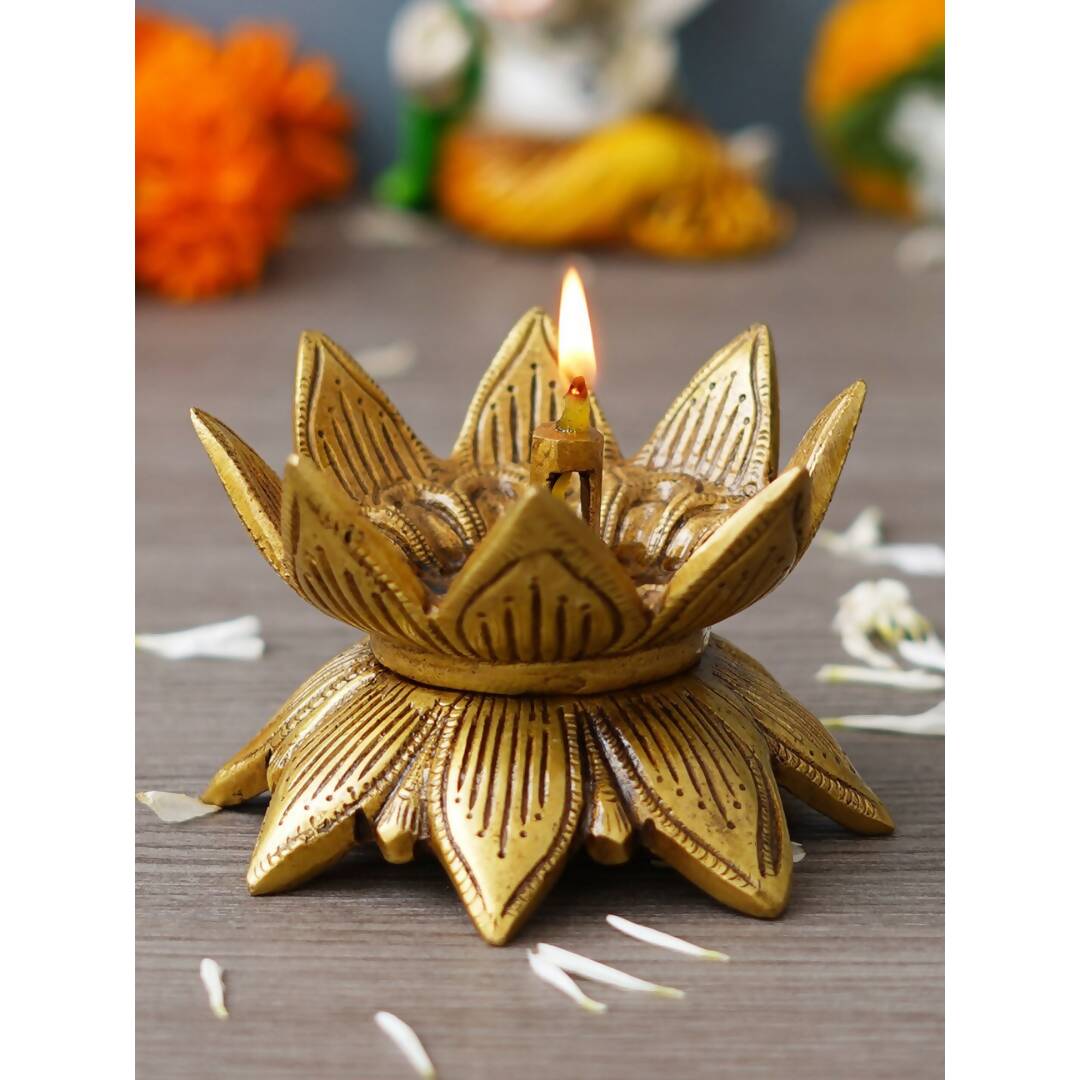 eCraftIndia Gold Toned Lotus Flower Designer Brass Diya - Distacart