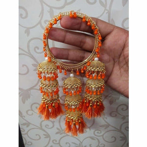 Stylish Gold Color Hanging Jhumka Bangles With Pearls, Threads