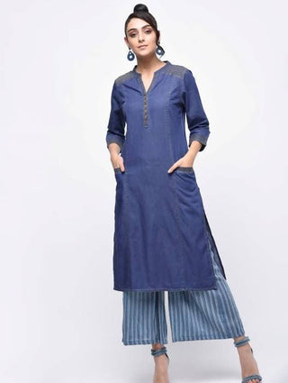 Aniyah Denim Princess Line Straight Kurta In Blue (AN-128K)