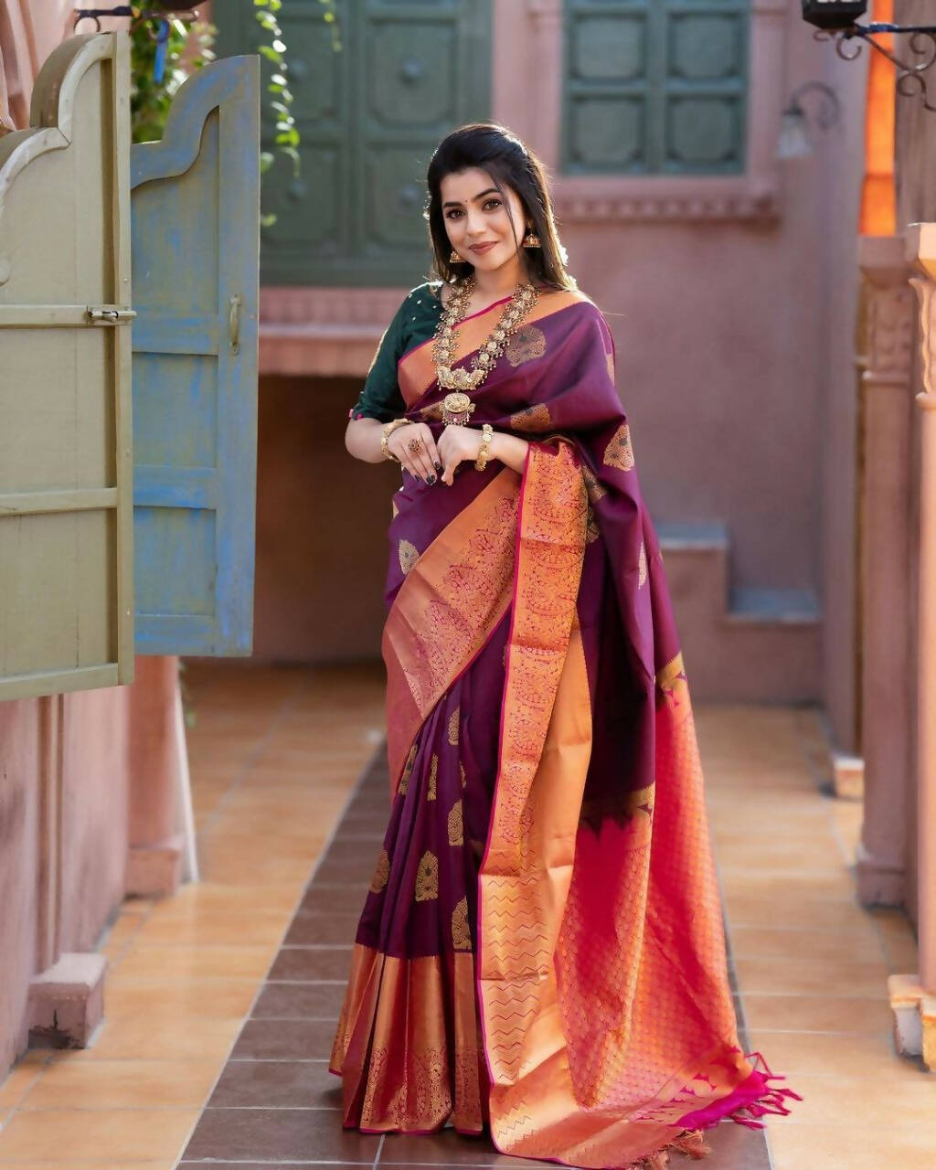 DEIANA'S Beautiful Golden Jari with New Design Soft Lichi Silk Saree - Wine - Distacart