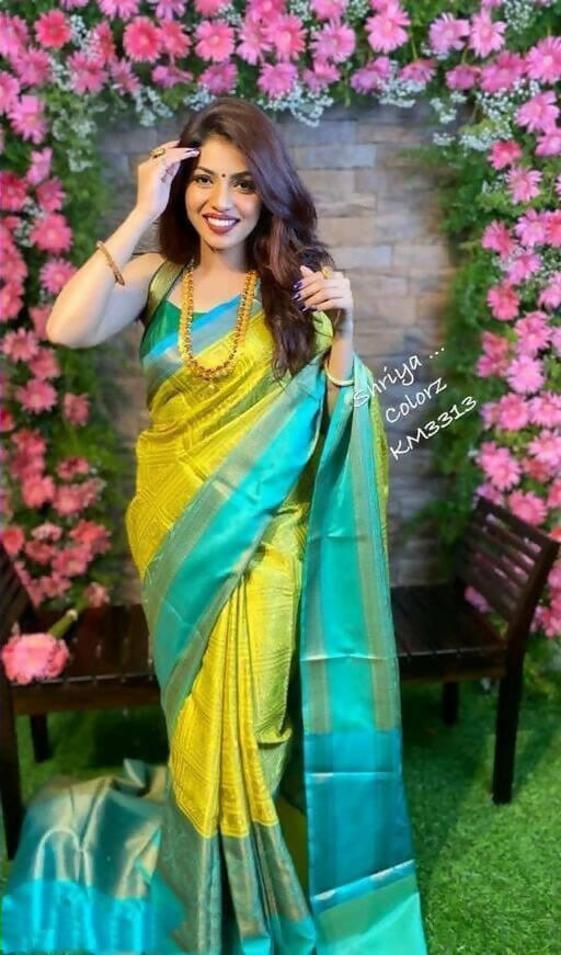DEIANA'S Beautiful Golden Jari with New Design Soft Lichi Silk Saree - Yellow - Distacart