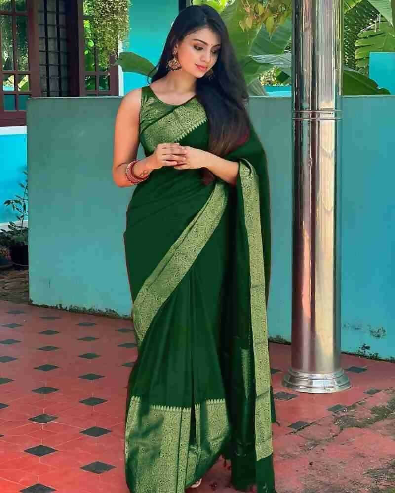 DEIANA'S Beautiful Golden Jari with New Design Soft Lichi Silk Saree - P Green - Distacart