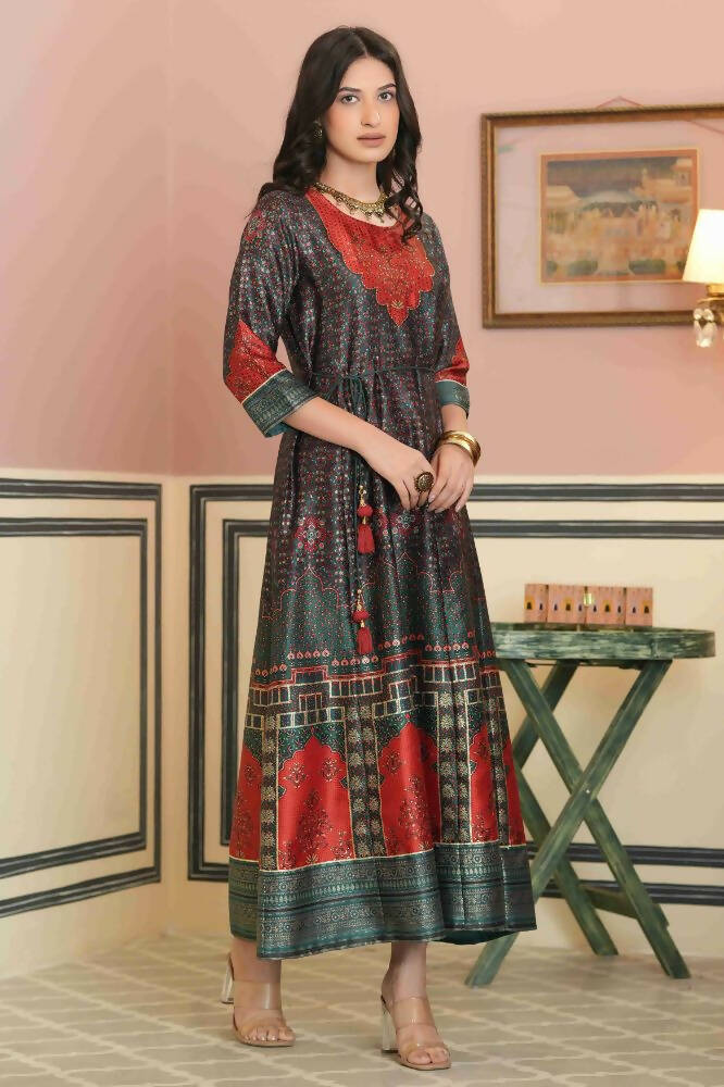Juniper Green Satin Festive Printed Anarkali Flared Anarkali Kurta For Women - Distacart