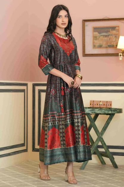 Juniper Green Satin Festive Printed Anarkali Flared Anarkali Kurta For Women - Distacart