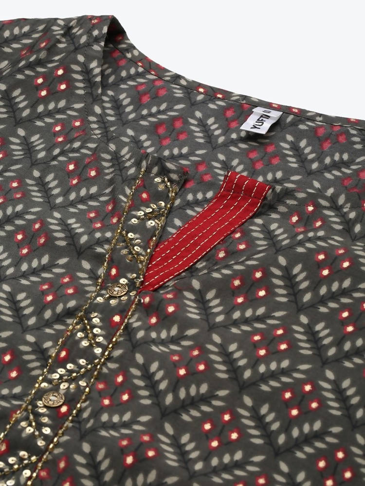 Yufta Women Grey Ethnic Motifs Printed Regular Sequinned Pure Cotton Kurta with Palazzo & With Dupatta