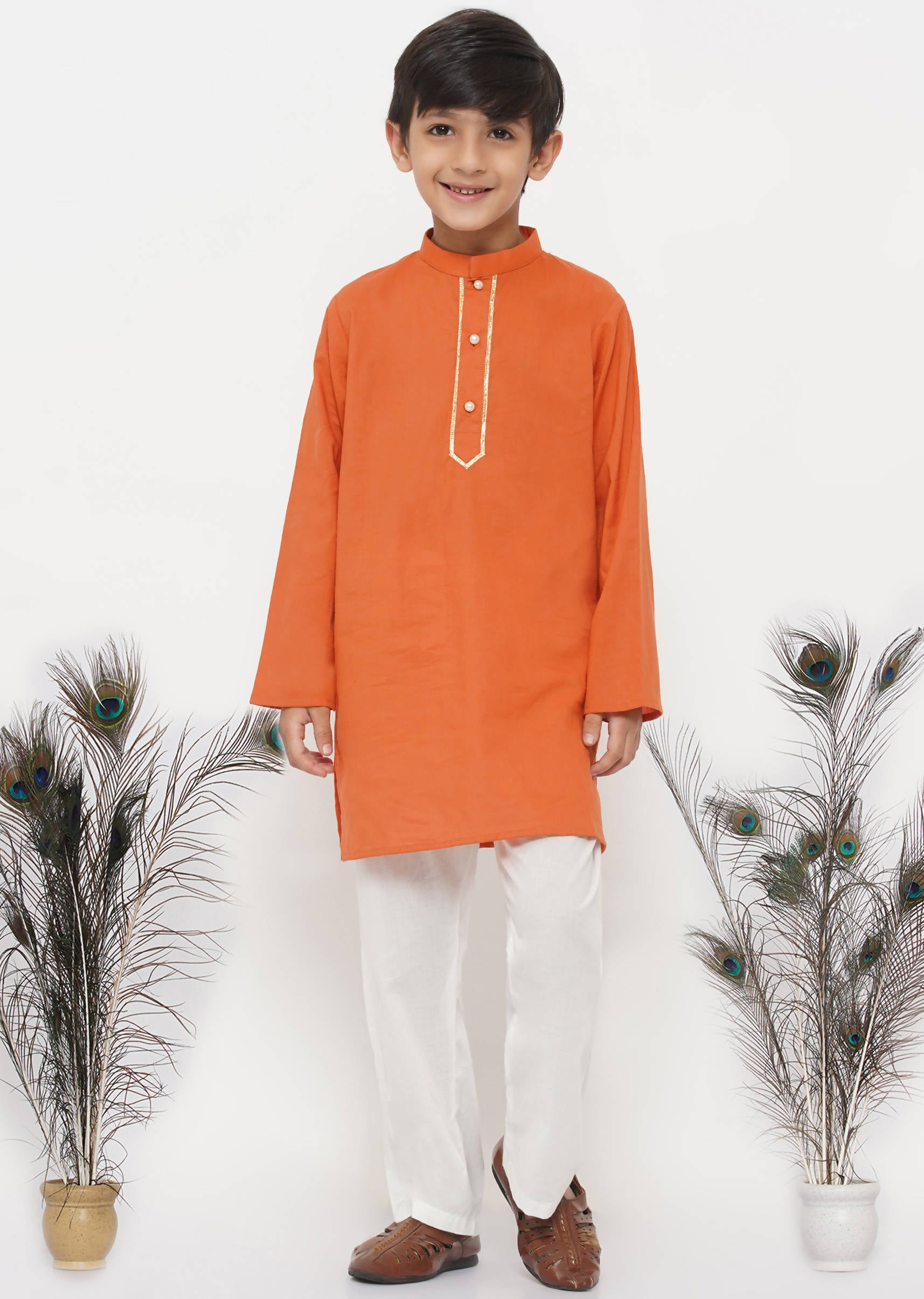 Little Bansi Cotton Kesari Kurta with Pearl Buttons and Pyjama -Orange and Cream - Distacart