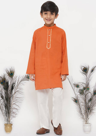 Little Bansi Cotton Kesari Kurta with Pearl Buttons and Pyjama -Orange and Cream - Distacart