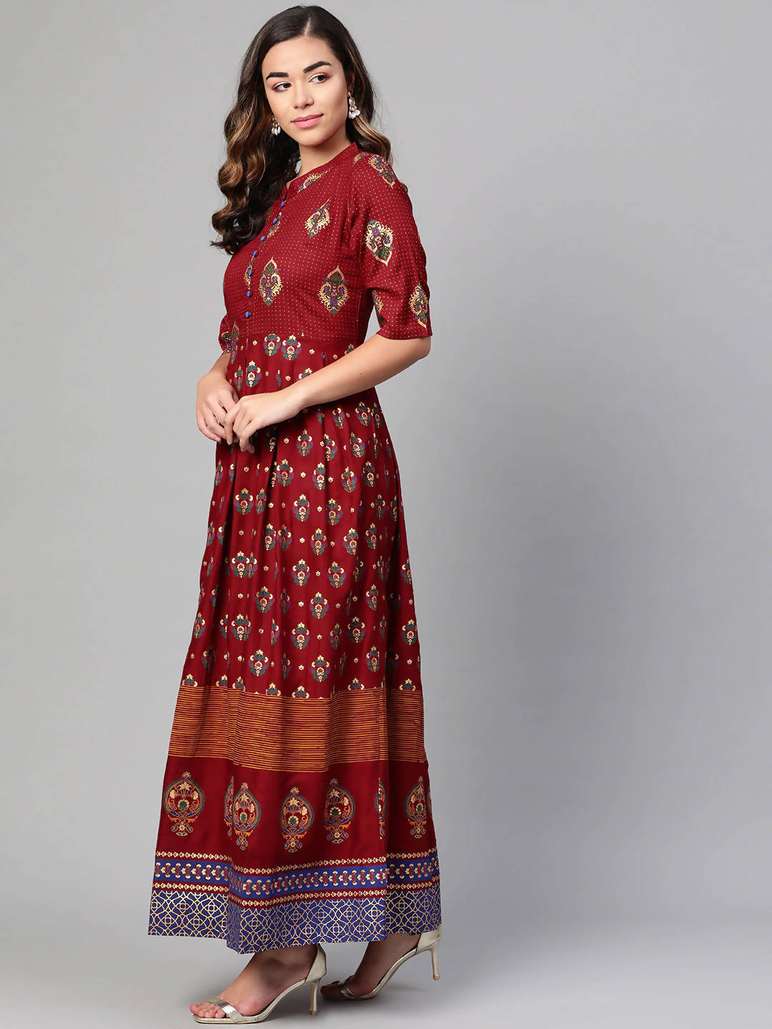 Myshka Maroon & Golden Ethnic Motifs Printed Cotton Maxi Dress - Distacart