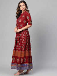 Thumbnail for Myshka Maroon & Golden Ethnic Motifs Printed Cotton Maxi Dress - Distacart