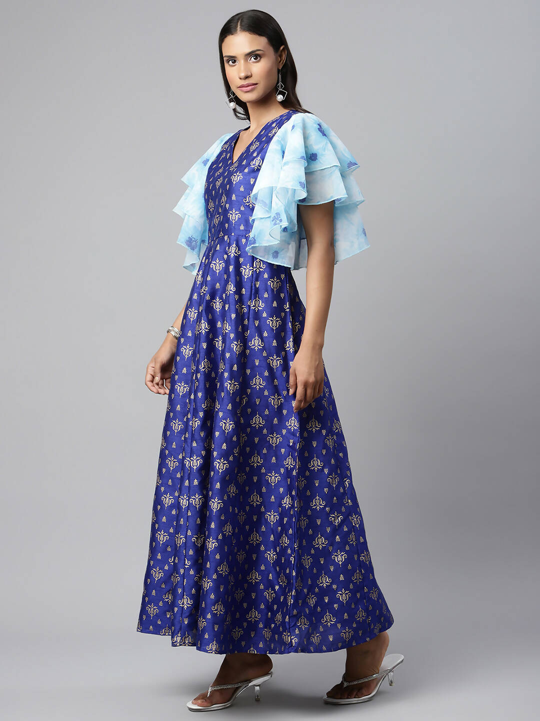 Ahalyaa Women Royal Blue Poly Silk Gold Paste Printed Dress - Distacart