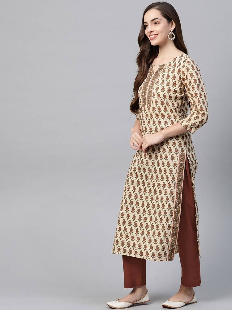 Yufta Women Beige Ethnic Motifs Printed Pure Cotton Kurta with Trouser & Dupatta