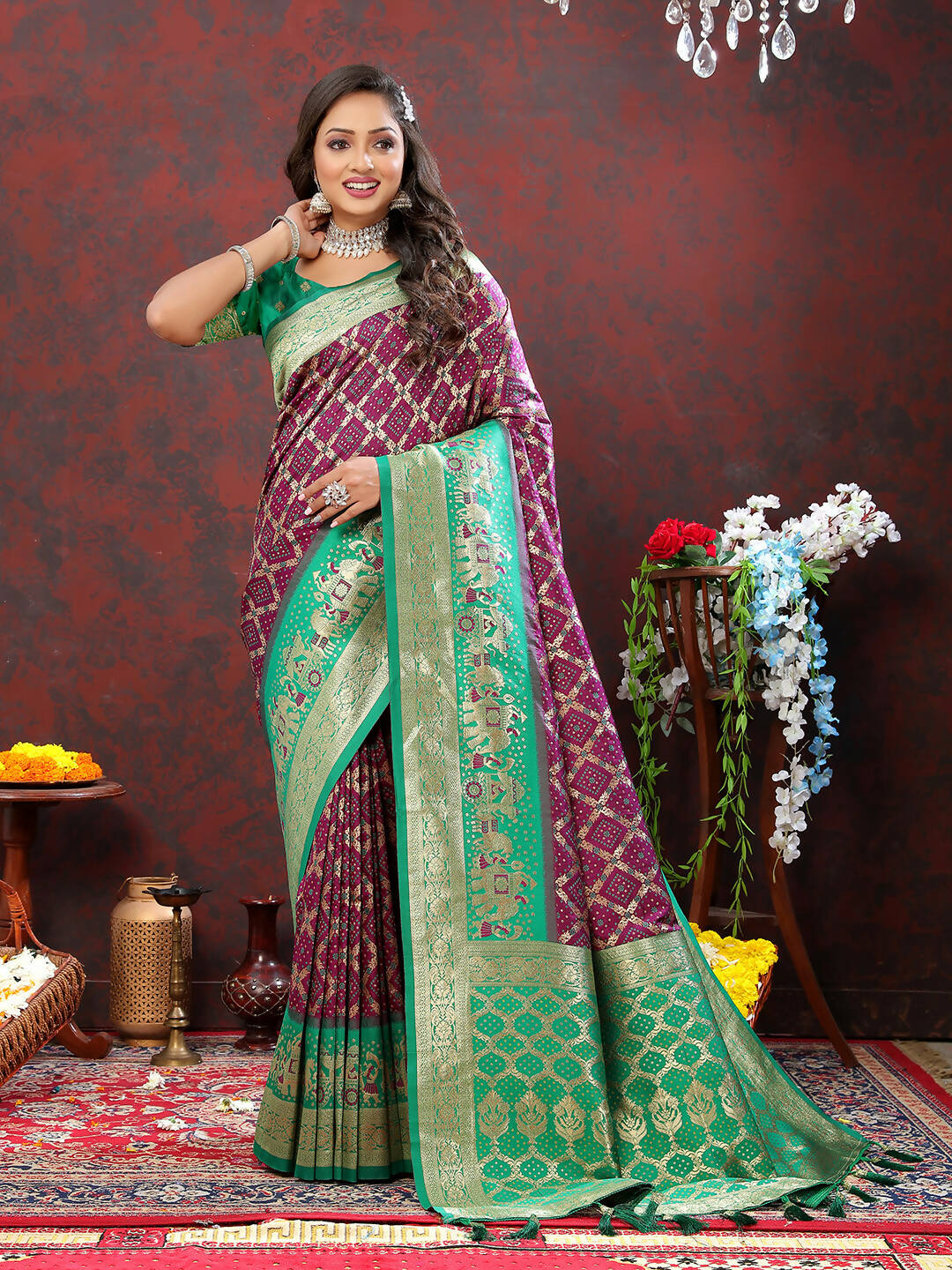 Lorenvalley Fashion Wine & Green Patola Silk Woven Design Meenakari Weaving Saree - Distacart
